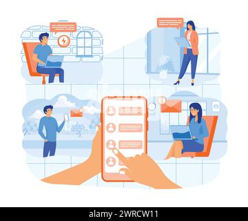 Mobile phone user sharing news online, sending messages to friends, holding cellphone with contact list on screen. flat vector modern illustration Stock Vector