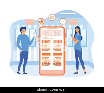 Online reading news. Young men and women are standing near big smart phone and using their own smart phones for reading news. flat vector modern illus Stock Vector