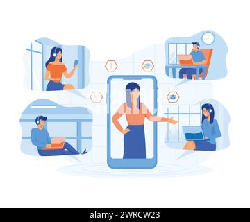 Online education concept. Smiling people using headphones for a video call. flat vector modern illustration Stock Vector