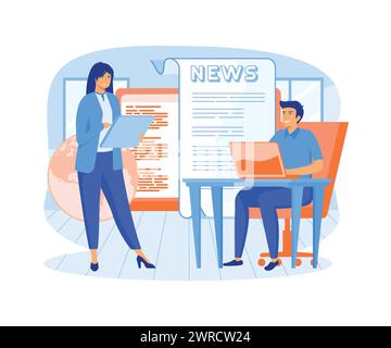 Business young men and women, reading latest or hot news online on smart phone or laptop. flat vector modern illustration Stock Vector