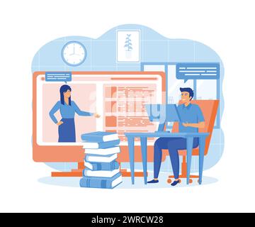 Online education, home schooling. Woman teacher on monitor screen. students in distance learning. flat vector modern illustration flat vector modern i Stock Vector