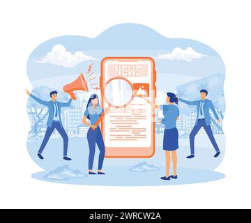 Online news mobile app. Tiny people read live publication and articles in newspaper. flat vector modern illustration Stock Vector