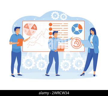 Big data science analysis concept. Business team brainstorming and analyzing data analysis report. flat vector modern illustration Stock Vector
