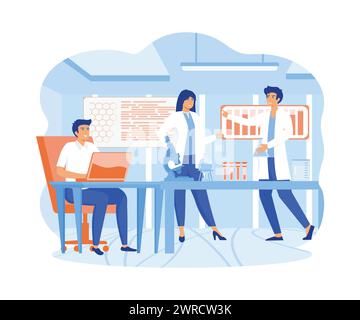 Scientists in lab. People in white coat, chemical researchers with laboratory equipment. flat vector modern illustration Stock Vector