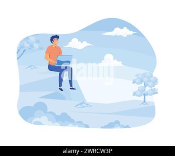 Work from anywhere concept. Male person using laptop computer outside in nature. flat vector modern illustration Stock Vector