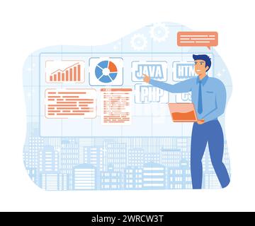 Programmer, Developer, engineer with laptop standing in office holding pen while coding and developing concept. flat vector modern illustration Stock Vector