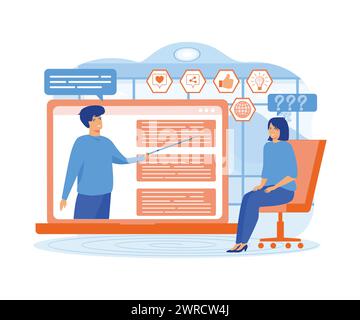 Online education, home schooling. man teacher on laptop screen, woman watching online course. flat vector modern illustration Stock Vector
