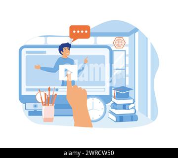 Online education and graduation. Businessman hand touching screen with lecture media. flat vector modern illustration Stock Vector