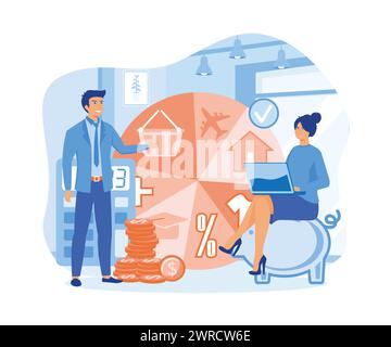 Budget planning. People analyzing personal or corporate budget. Man standing near round pie chart with indication of spending. flat vector modern illu Stock Vector
