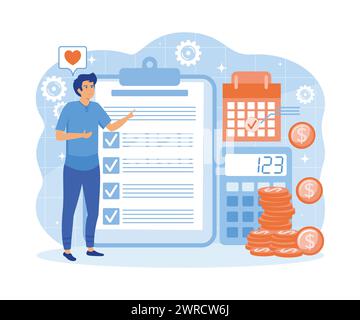 Budget planning. Financial analyst planning at check list on clipboard, calculator and calendar. flat vector modern illustration Stock Vector