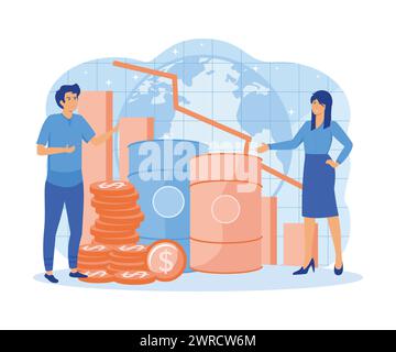 Falling oil prices concept. People analysis data with down arrows. A declining dollar chart for natural carbohydrates, financial crisis metaphor. flat Stock Vector