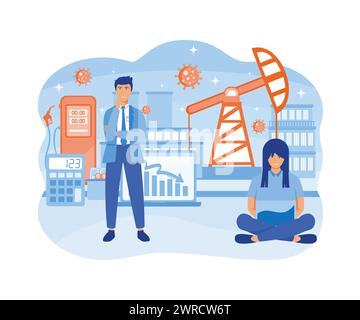 Oil price decreasing concept. Petroleum market crisis. Corona virus impact on falling oil prices. flat vector modern illustration Stock Vector