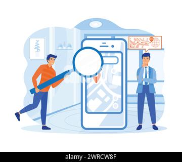 Company Geo location Logistics Analysis. Businessmen Analyzing Product Delivery Route on Cellphone Screen with Magnifying Glass, Searching Ways to Opt Stock Vector