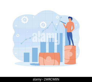 Oil price concept. Oil price rising up, businessman trader standing on stack of oil gallon drawing rising up graph. flat vector modern illustration Stock Vector