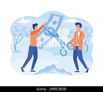 Cost reduction or cutting budget finance concept with scissors and people cut money. flat vector modern illustration Stock Vector