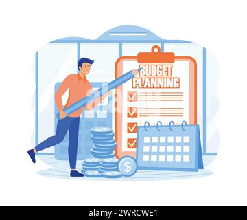 Tiny person planning budget. Man calculating tax and expenses, making financial checklist. flat vector modern illustration Stock Vector