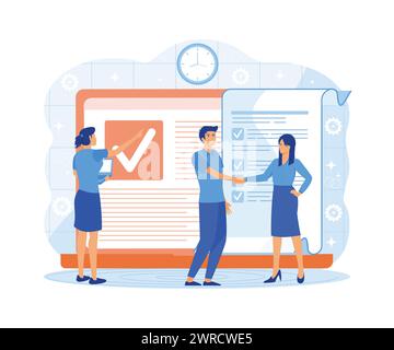 Done job concept. Checklist, PC monitor with long paper document and to do list with check box. flat vector modern illustration Stock Vector