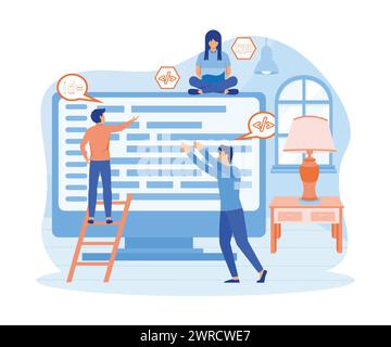 Small people programmers coding and correct errors in project. Laptop screen with program code. flat vector modern illustration Stock Vector