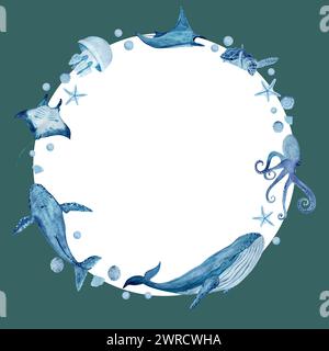 Watercolor hand-drawn green blue monochromatic round frame isolated on white. Whales, manta rays, jellyfish, octopus, starfish. Stock Photo