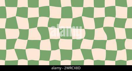 Seamless green checkerboard pattern. Repeating distorted checkered texture. Groovy trippy abstract background. Vintage retro style wallpaper for textile, fabric, wrapping paper. Vector check surface Stock Vector
