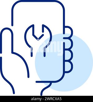 Mobile maintenance. Hand holding smartphone with wrench on screen. Device configuration, optimization. Pixel perfect Stock Vector
