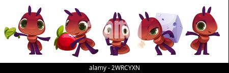 Set of cute ant characters isolated on white background. Vector cartoon illustration of funny insect mascots holding green leaf, strawberry, sitting scared, carrying heavy stone, greeting and smiling Stock Vector