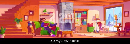 Young woman sitting on sofa and reading book in cozy winter chalet or home living room with fireplace, stairs and wooden furniture, mountains with snow peaks outside window. Cartoon cabin interior. Stock Vector