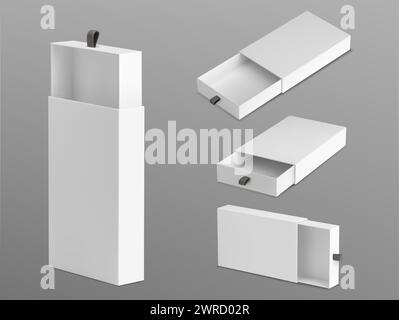 White empty open slide box with ribbon puller. Realistic vector illustration set of drawer shape cardboard package template for gift or presentation concept. Blank carton container with sleeve cover. Stock Vector