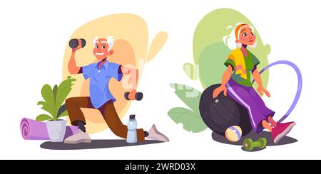 Senior people exercising isolated on background. Vector cartoon illustration of old man doing sport with dumbbells at home, elderly woman sitting on fitball in gym, healthy lifestyle at retirement age Stock Vector