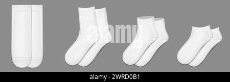 White socks set isolated on background. Vector realistic illustration of foot clothes mockup, ankle-length short and long footwear of organic cotton or synthetic cloth, female or male fashion design Stock Vector