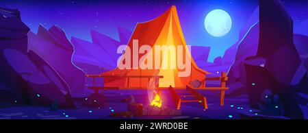 Night camp on rocky night landscape. Vector cartoon illustration of bonfire burning near illuminated tourist tent, mountain stone terrain with neon green fireflies, moon glowing in dark starry sky Stock Vector