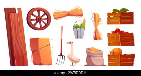 Farm barn interior elements set. Cartoon vector hay in stacks, wooden planks and cart wheel, fork tool and corn in metal bucket, ripe vegetables tomato and pumpkin in boxes, goose and grain in sack. Stock Vector