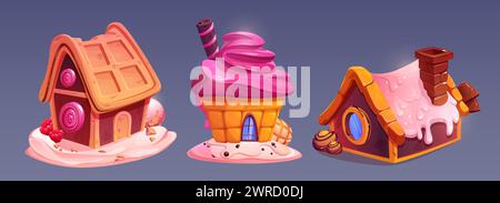 Candy land house made of sweet dessert bakery. Cartoon vector set of fantasy home buildings from cupcake with pink swirl cream, chocolate cookies and waffles with caramel and icing decoration. Stock Vector