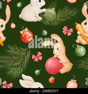 Seamless pattern. Bunny and rabbit with Christmas toys watercolor set. Hand drawn animals in different color. hare illustration element. Cute Stock Photo