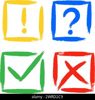 Dirty grunge cross x, tick OK, exclamation and question check marks in check boxes, hand drawn with brush strokes vector illustration isolated backgro Stock Vector