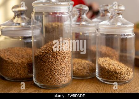 Various types of malting malt in glass pots on a wooden tray. Ingredients for the production of various beers. Stock Photo