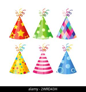 Set of realistic party hats. Holiday hat collection, 3D design. Isolated icons with clipping mask. Celebrating event items. Tempate for postcard, gift Stock Vector