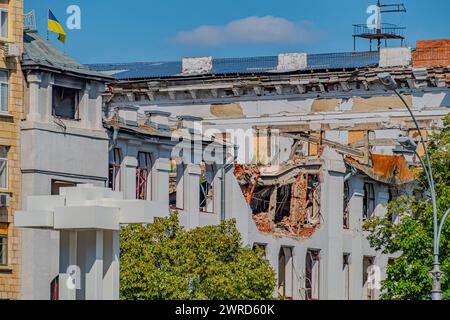 Damaged architectural monument of the city of Kharkiv. Destroyed building in historical downtown as a consequences of Russian shelling in Kharkov, Ukr Stock Photo