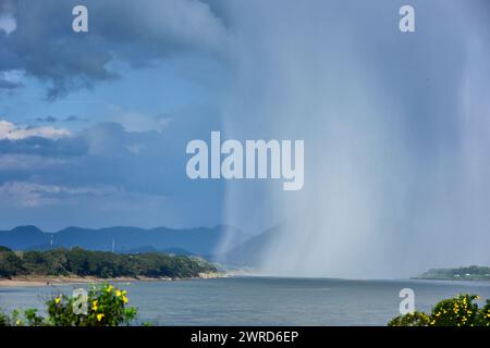 Rain clouds and black sky textured background. Danger storm cloud, Black cloud and thunder storm, Dark sky and motion clouds before rainy. Stock Photo