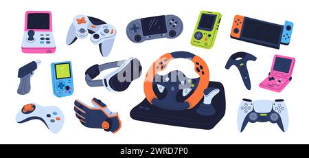 Remote control gadgets. Retro video game devices. Gamer digital accessory. Gaming consoles and joysticks. Computer technology. Tetris arcade. Cyberspo Stock Vector