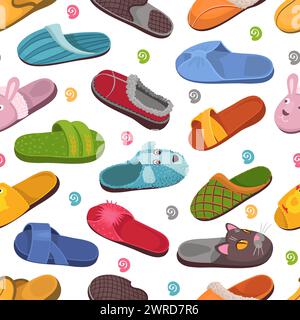 House slippers seamless pattern. Colored cozy shoes. Comfortable footwear. Warm soft flip flops. Funny animal muzzles with fur or feathers. Domestic c Stock Vector