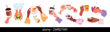 Female hands with hot drinks cups. Beverages ceramic mugs. Chocolate with marshmallow. Herbal tea. Tasty cappuccino. Women holding takeaway coffee. Ca Stock Vector