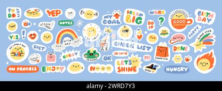 Cute kids diary stickers. Daily planner labels. Journal funny decor. Trendy lettering and design. Organizer to do reminders. Scrapbook icons. Short ph Stock Vector