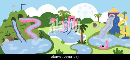 Empty water park. Aqua attractions. Swirling slides. Color plastic high speed aquatic descents in swimming pool. Family holidays fun. Summer resort. O Stock Vector