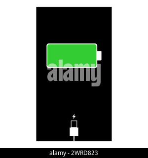 Charging phone icon. Smart phone charging battery 100%. Battery charge level indicators and with USB connection.. Icon isolated on black background. Stock Vector