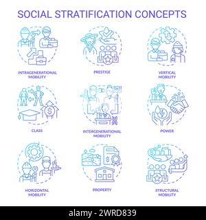 Social stratification and mobility blue gradient concept icons Stock Vector