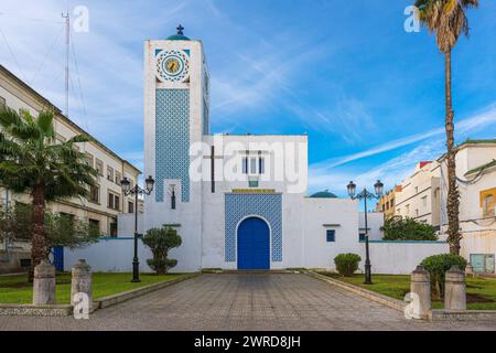 Larache, Morocco. January 28, 2024. Exterior view of Our Lady of the Pillar Church, Spanish protectorate building in North Africa Stock Photo