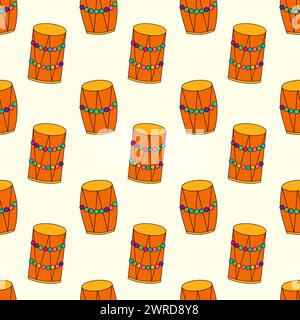 Seamless Pattern with Holi Drums Dhol elements. Design for celebration of Indian festival of love and color. Vector flat illustration. Stock Vector