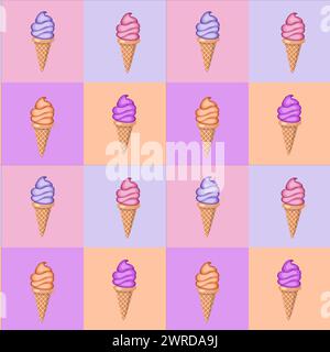 Multi-colored fruit ice cream in waffle cones. Seamless pattern. Vector illustration. Stock Vector