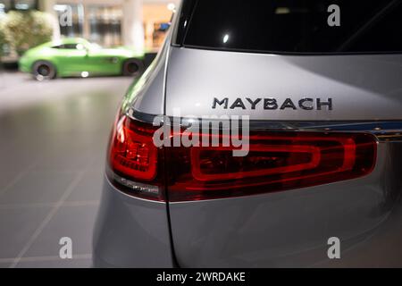 Maybach Rear Logo closeup badge logo silver Maybach GLS SUV rear view, car EV Mercedes ...